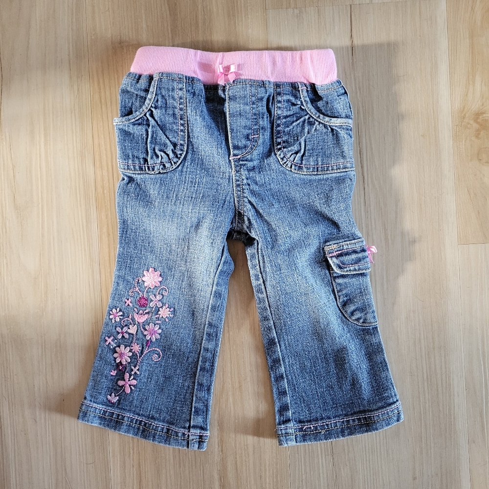 Arizona Jean Company Blue and Pink Embellished Jeans, Size: 9 months